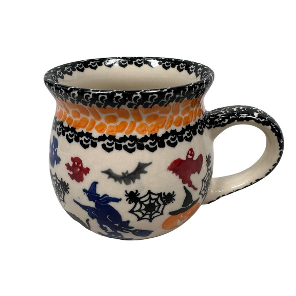 Polish Pottery Halloween Bubble Mugs 3.5" Spooky Ghosts Bats Pumpkins Lot of 4 - Picture 2 of 8